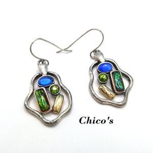 Chico's Silver Tone Drop Earrings, Blue and Green Stones, Hook Ear Wire
